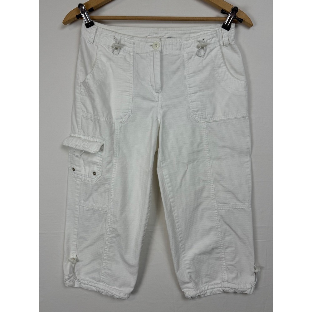 B. Moss Women 100% Cotton Capris 4 White Cargo Drawstring Hem Crop Pants